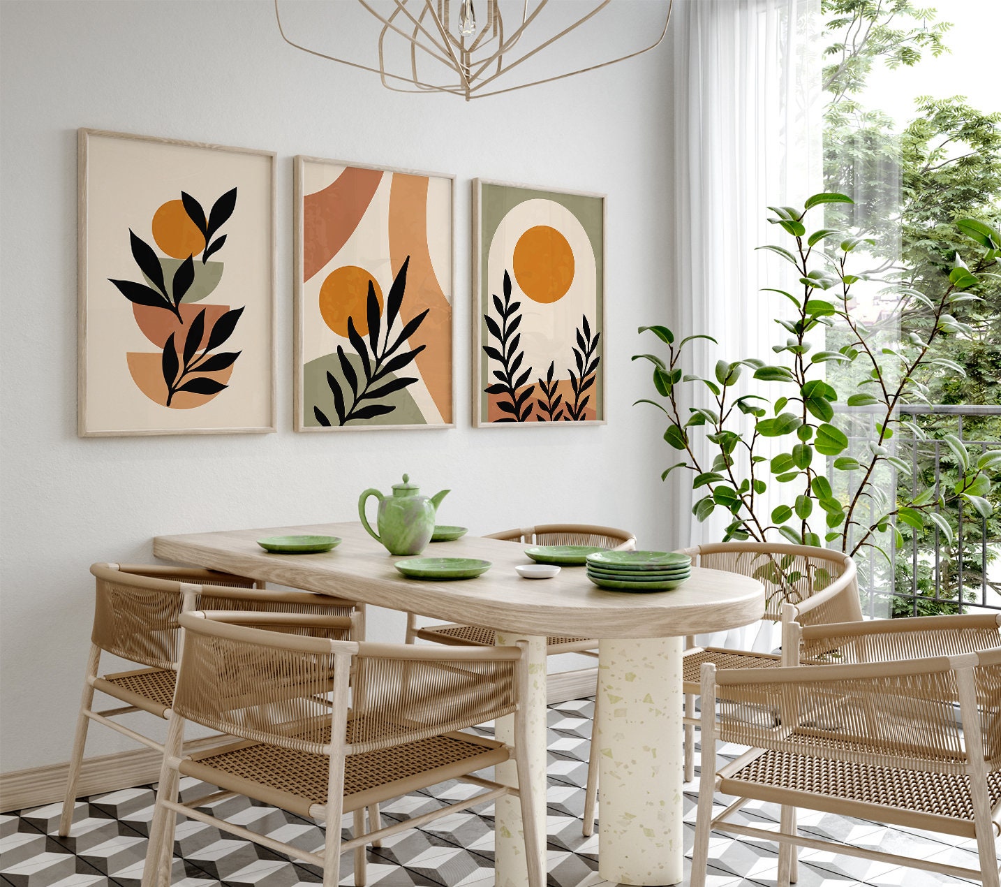 Abstrakte Boho Wandbilder, 3er-Set, Beige, Grün, Terracotta, Boho Wandposter, Wohnzimmer Posterset, Schlafzimmer Dekoration b156